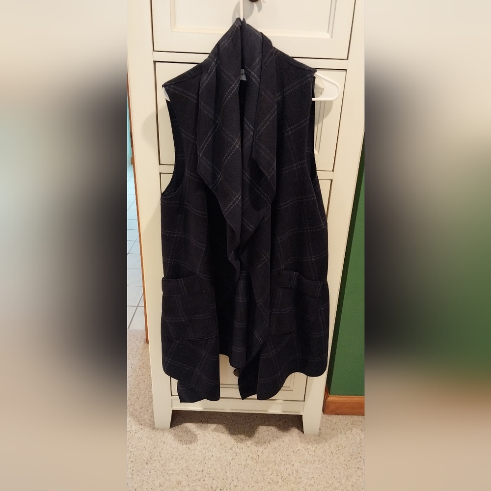 Moda Dark Navy Plaid Sleeveless  Long Vest